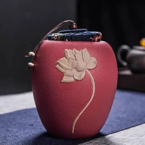 Relief Stoneware Lotus Tea Container Home Sealed Pu'er Tea Canister Leisure Office Tea Caddy Portable Wake Up Tea White Tea Box