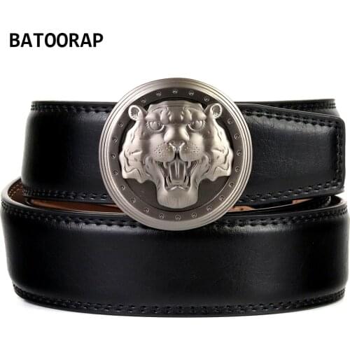BATOORAP Mens Casual Leather Belt Gray Lion Metal Buckle Auto High Quality Fashion Black Belts Trouser Strap Male Cowskin 35MM