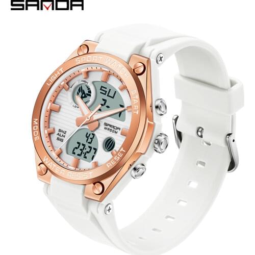 SANDA Luxury Womens wristwatch Quartz Waterproof Auto Date Watches Ladies Pink LED Digital Chronograph Sports Watch Damenuhr