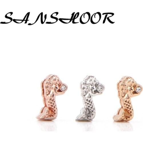 SANSHOOR Mermaid Keeper Slide Charms Fit Mesh Stainless Steel Bracelet Leather Wrap Bangles For Women Diy Jewelry Gift 6pcs/lot