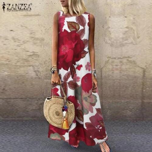 ZANZEA Summer Women Floral Printed Sleeveless Sundress Bohemian Beach Party Maxi Dress Kaftan Sarafans Robe Femme Long Vestidos