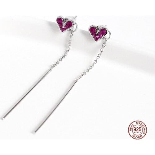 LKO 925 Sterling Silver Earrings Simple Rose Red Love Heart Tassel Drop Earrings For Women Girls Heart Earrings Birthday Gift
