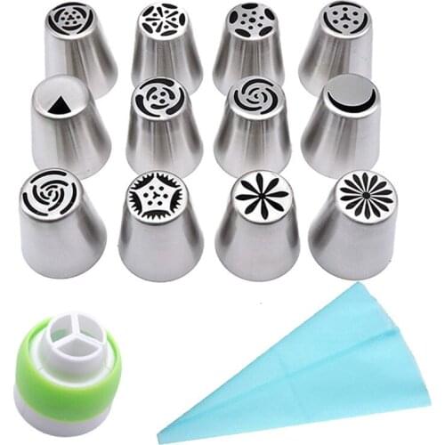 14Pcs/Set Silicone Kitchen Accessories Icing Piping Cream Pastry Bag 12 Stainless Steel Nozzle Set DIY Cake Decorating Tips Set
