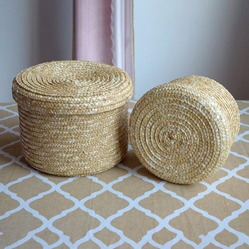 Handmade Straw Woven Storage Basket With Lid Desktop Storage Box Snack Organizer Laundry Baskets Rattan Seagrass Flower Basket