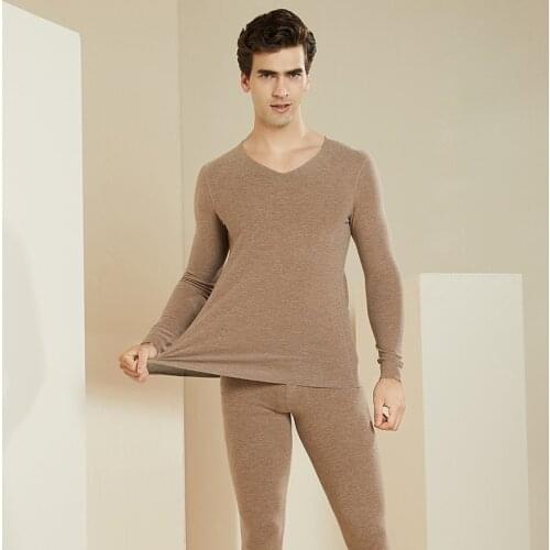SHUCHAN Thermal Underwear Men Cotton Wool Regenerated Cellulose Winter Warm Long Sleeve Solid Autumn Thermal Underwear Tops