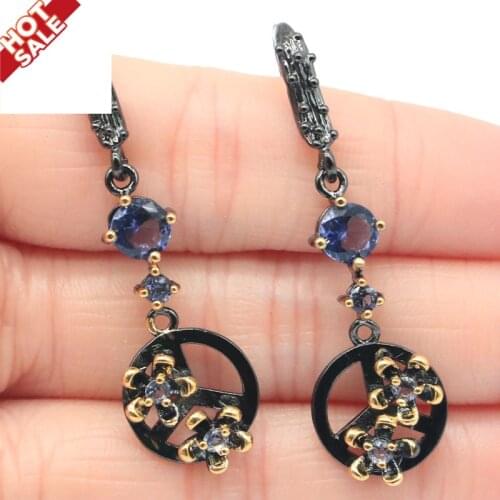 47x13mm Unique 5.9g Vintage Punk Style Created New Stone Iolite Pink Raspberry Rhodolite Garnet Cool Black Gold Silver Earrings