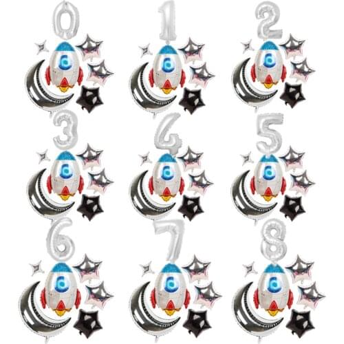 7pcs/lot Outer Space Party Number balloons Rocket Foil Balloons Moon Stars Balloons Boy Kids Birthday Party Decor Baby Shower
