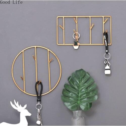 Wrought Iron Golden Round Square Wall Small Pendant Key Hooks Home Bedroom Wall Decorative Storage Racks