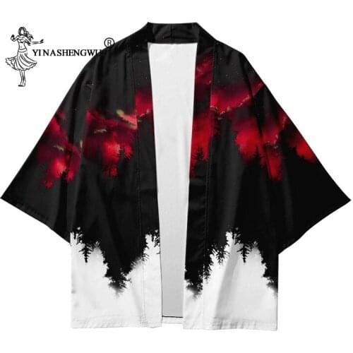 Japanese Costume Kimono Men Harajuku Women Tops Haori Cardigan T-shirt Yukata Coats Black Forest Robe Loose Jackets Print Japan