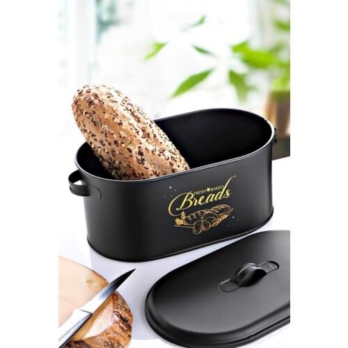 Bread Storage Box Metal Container Black With Wood Lid Cutting Board Handles For Kitchen Countertop Bread Cookies Storage Holder