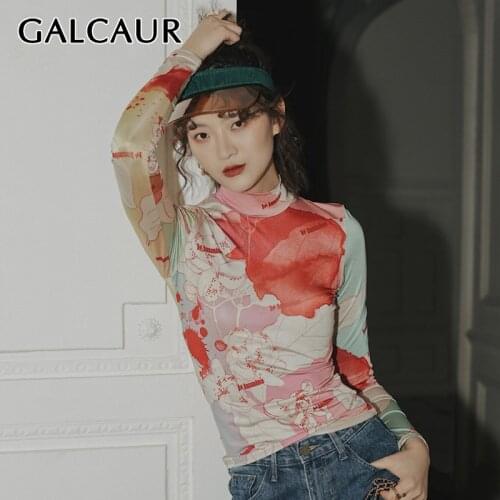 GALCAUR Hit Color T Shirt For Women Turtleneck Long Sleeve Print Plus Size Casual Designer T Shirts Female 2020 Fashion New Tide