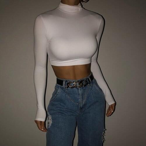 Women Fashion T-Shirt Sexy Solid Color Crop Tops Turtleneck Long Sleeve Slim Fit Tee Top 2021 New Trendy Pullover Top