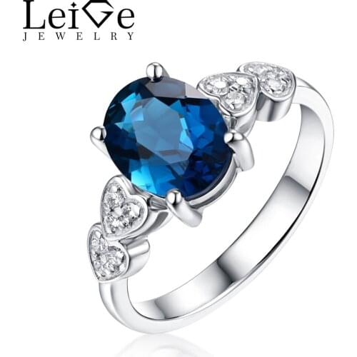 Leige Jewelry Silver 925 Rings with Stones for Women Oval Cut Natural London Blue Topaz Ring Gem Jewelry Romantic Gift