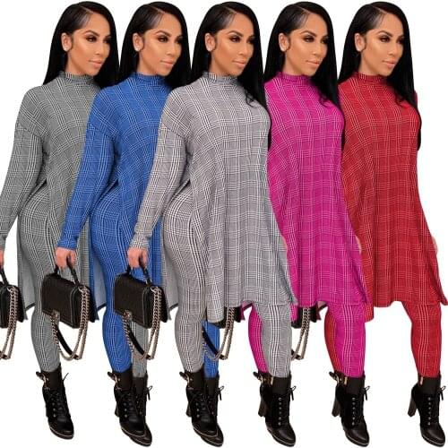 Women Casual Houndstooth 2 Pieces Sets Vintage Spring Autumn Outfit Long Seeve Turtleneck Long Top and Skinny Pants Leggings