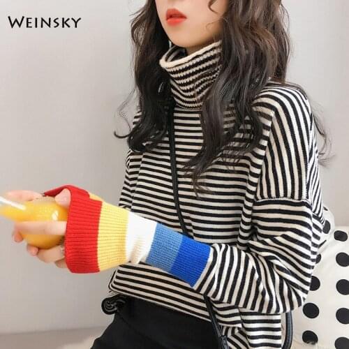 Women Knitted Jumper Turtleneck Sweater And Pullovers Korean Fashion Style Striped Sweater 2019 Autumn and Winter New Tops