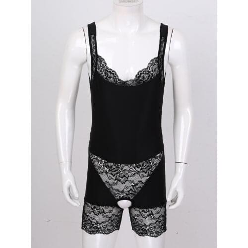 Men Open Croch Bodysuit Sexy Sissy Lingerie Lace Patchwork Gay Porno Underwear U Neck Sleeveless Bodyshaper Nightwear Sleepwear