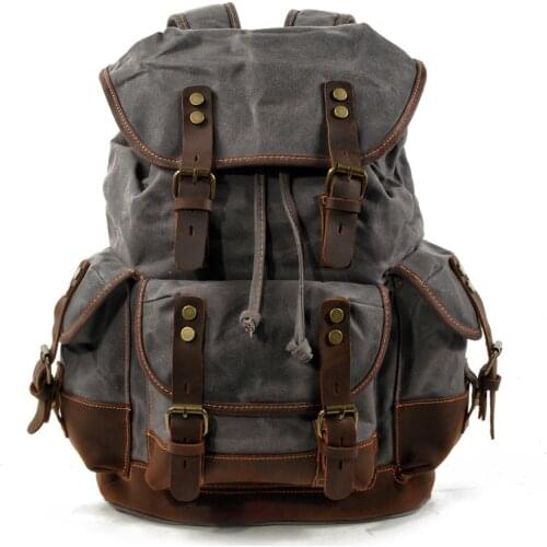 Cotton Oil Wax Canvas Backpack Mens Large Capacity Vintage Waterproof Backpack 15" Laptops Daypacks Rivets bookbag