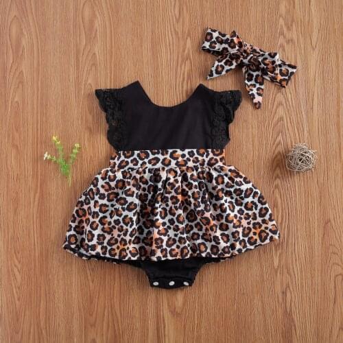 Pudcoco Newborn Baby Girl Clothes Splicing Leopard Print O-Neck Backless Lace Ruffle Romper Jumpsuit Headband 2Pcs Outfits Set