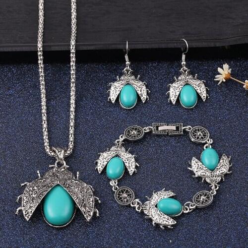 A Set Retro Turquoise Ladybug Jewelry Sets Pendant Earring Bracelet Necklace Fashion Handmade Amulet Gifts Her Woman