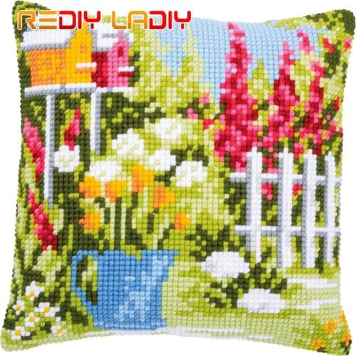 Cross Stitch Cushion Cover In My Garden Pillow Case Pre-Printed Canvas Thick Yarn Cross-stitch Kits Needlepoint Arts and Crafts