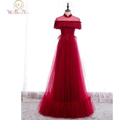 Walk Beside You Long Prom Dresses 2020 Romantic with Feather A Line Ruffles High Neck Lace Cape Evening Party Gowns robe soiree
