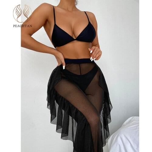 Peachtan Mesh bikini set High waist swimwear female Solid swimwear female Sexy 3 pieces set Sports bathing suit swimming 2021