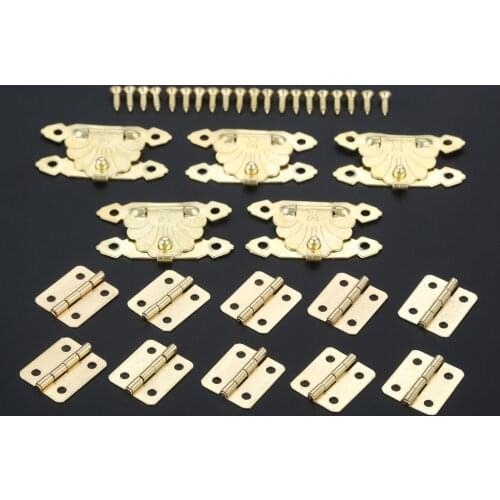 30Pcs/set Antique Gold Jewelry Wood Box Case Hasp Latch Lock with Furniture Cabinet Hinges Chinese Old Hardware with Screws