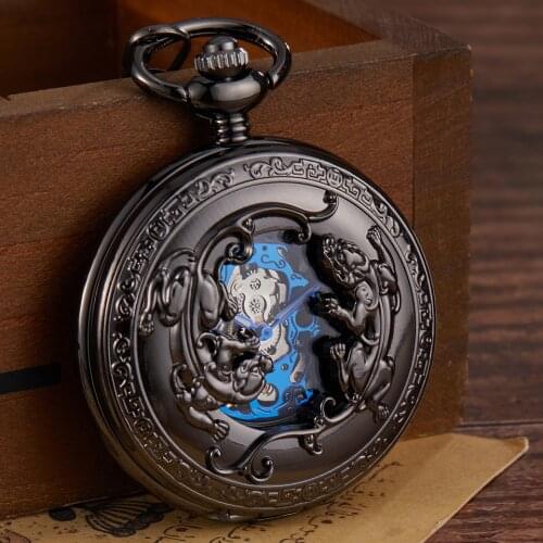 Retro Bronze Mechanical Pocket Watch Hand Winding Carved Double Brave Troops Lucky Engraved Pocket Watches Fob Chain Flip Clock
