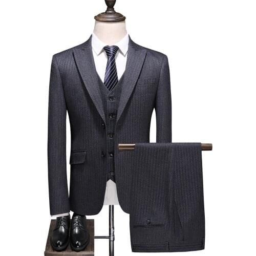 Mens Suits with Pants Vest Stripe Mens Blazer Slim Fit Wedding Male Groom Tuxedos suit Prom costume homme