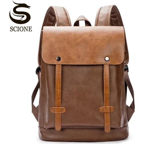 Vintage Style Men PU Leather Backpack Mens Waterproof Backpack Male College High School Shoulder Bag Double Belt Travel Rucksack