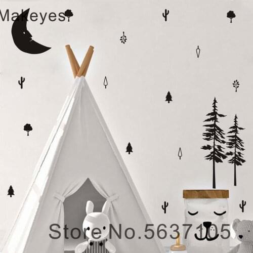 Makeyes Moon Trees Wall Sticker Set Pattern Wall Decals Baby Bedroom Wall Decoration Vinyl Goodnight Sweet Home Wall Decal MG004
