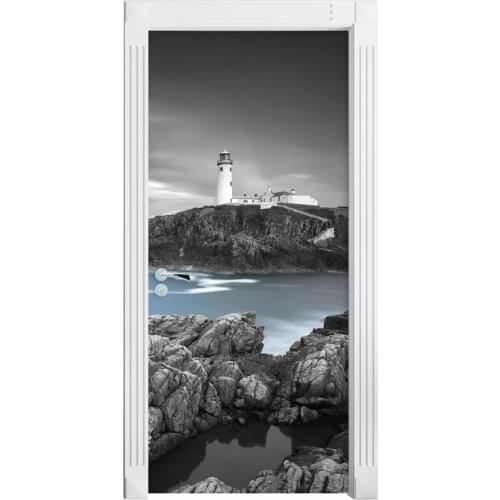 Door Mural Black White Lighthouse 3D Landscape Door Sticker DIY Self-adhesive Waterproof Wallpaper Poste for Home Decoration
