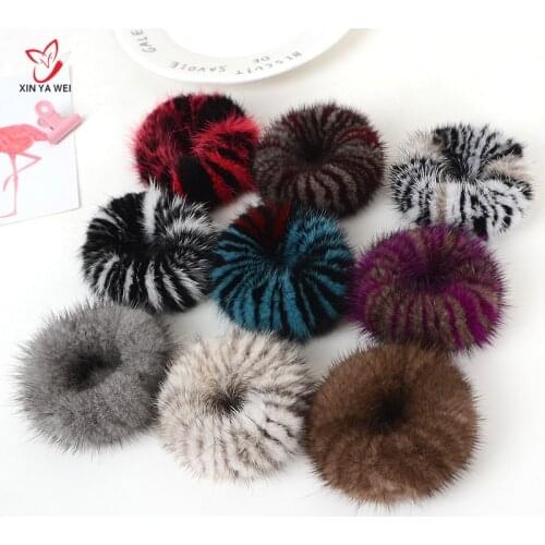 Real Lady Mink Fur Hair Scrunchies Ring Elastic Hair Bands Noble Splice Color Bobble Dance Sports Mink Fur Soft Hairband