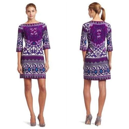 The new dress Italian fashion beautiful purple printing knitted elastic slim dress