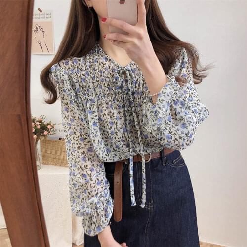 Alien Kitty Sweet Chic Large Size Casual 2020 Bow Gentle Flare Sleeves Thin Brief Print Cute Floral All-Match Stylish Blouses