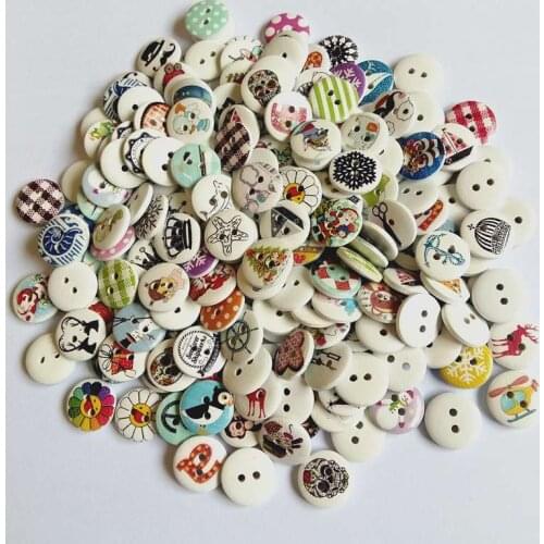 50/100Pcs/pcack 15mm Random Mixed Cartoon Pattern Round Shaped Wooden Button 2 Holes Sewing Accessories For Craft Decorative