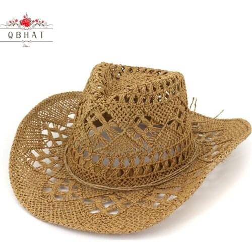 QBHAT Summer Hand-woven Straw Jazz Hat Men Women Breathable Western Cowboy Hats Wide Brim Beach Sun Cap Sunscreen Hat Sunhat