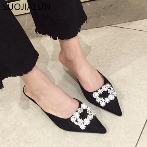 SUOJIALUN Soring Med Heel Mules Slippers Ladies Pointed Toe Strange Style Crystal Outside Sandals Shoes Women Casual Sli