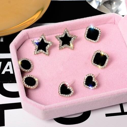 Korean Simple Exquisite Rhinestone Inlaid Black Round Square Star Heart Stud Earrings for Women Girl Ear Jewelry Gift 2021 Trend