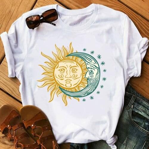 New Harajuku aesthetic Women Tshirt Sun moon Print loose o neck short sleeve stretched tshirt Femme casual fashion summer tops_T
