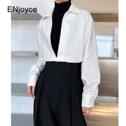 Vintage White Big V Neck Long Sleeve Shirts Women Spring Fall Fashion Korean Style Clothing Office Ladies Workwear Shirt