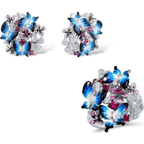Boho Female Enamel Butterfly Jewelry Set Charm Silver Color Clip Earring For Women Cute Zircon Stone Engagement Wedding Ring
