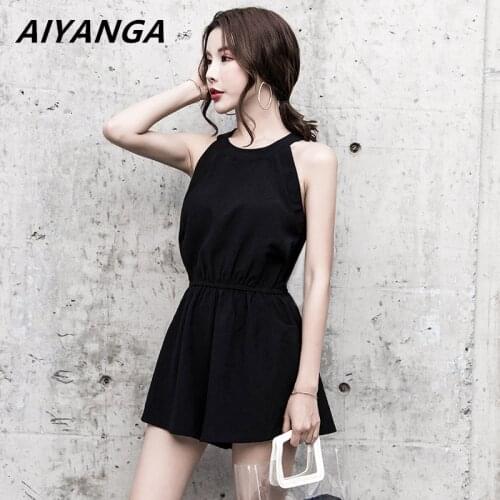 Hot 2018 Sexy Black Jumpsuit Romper Women Halter Neck Sleeveless Overalls Beach Casual New Female Belt Beach Playsuit Shorts