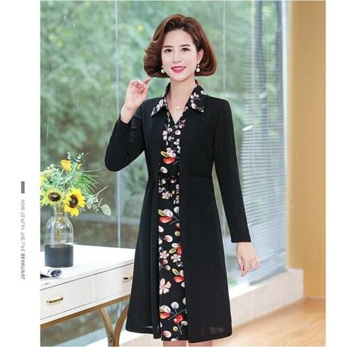 Autumn women fake two pieces dress casual plus size Shirt collar flowers dress women long sleeve office ladies work midi dress