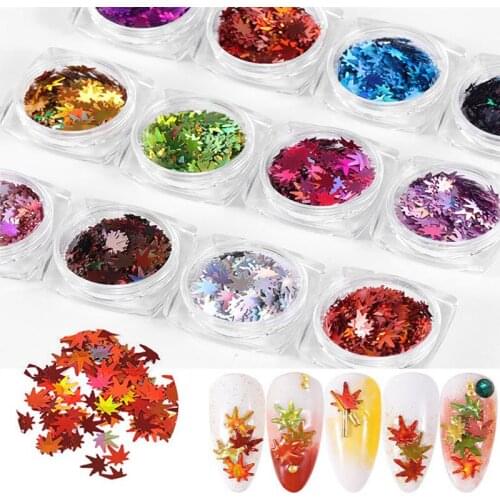 12Boxes Mirror Maple Leaf Flake Nail Glitter Holographic Paillette Chameleon Sequins Gradient Autumn Polish Manicure Decoration