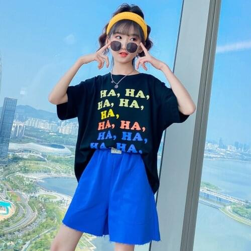 2021 Summer Child Clothes Girls Tracksuit Sport Fashion Letter Shorts T Shirt + Loose Pants Kid Teenager 5 6 7 8 9 10 11 12 Year