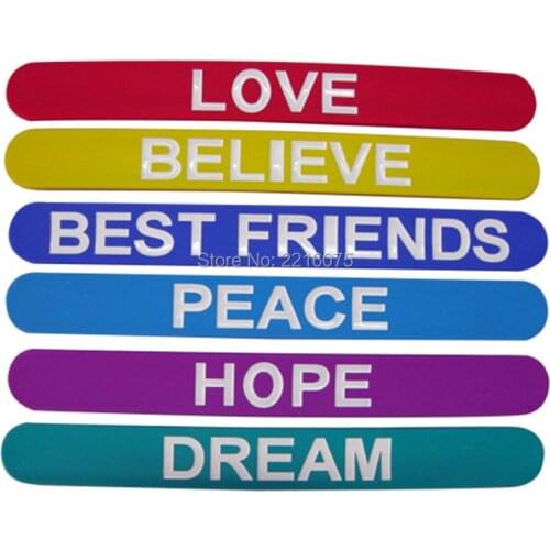 500pcs sports LOVE BELIEVE BEST FRIENDS PEACE HOPE DREAM silicone slap bracelets rubber wristband free shipping by DHL express