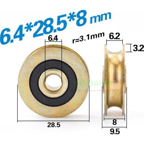 6.4*28.5*8mm U grooved metal groove wheel, 6mm diameter deep track wheel, steel wheel, zinc plating rust proof