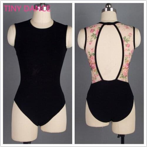 Free Shipping Adult Girls Black Ballet Dance Cotton Lycra Leotard with Flower Printing Mesh Open Back 5 Sizes 01D0091