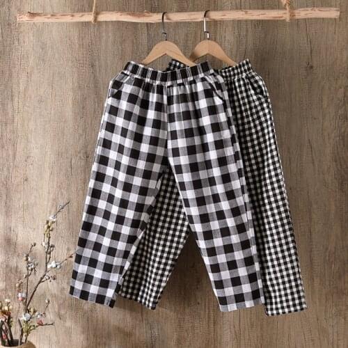 Summer Womens Capri Pants Loose Cotton Linen Black White Plaid Harem Pants Printed Elastic Waist Trousers Streetwear Women